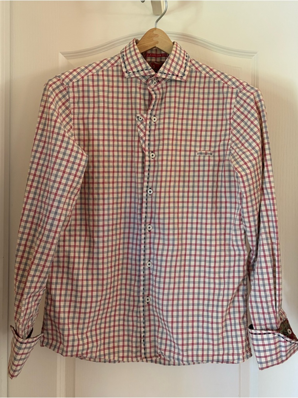 English Laundry-Blaque Label Men's Off-white Shirt with Red & Blue Plaid - Small